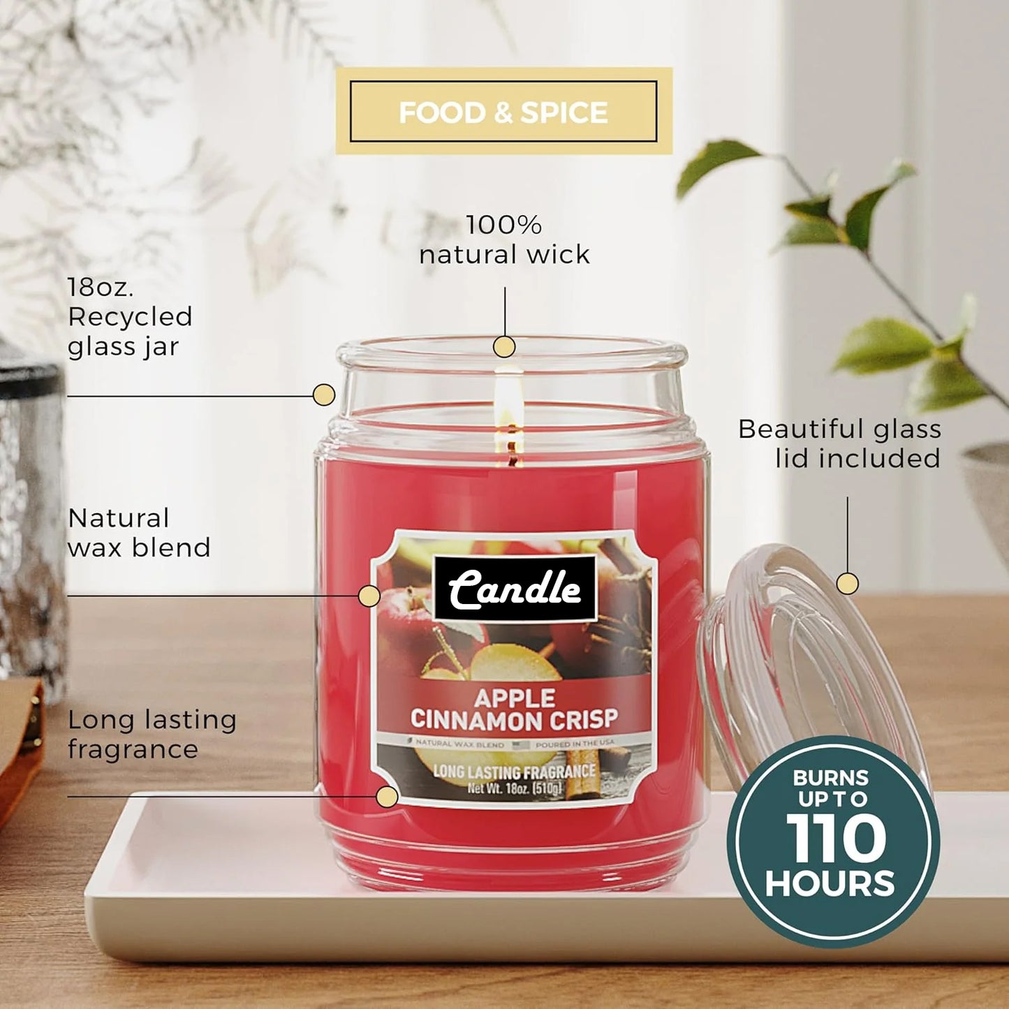 Apple Cinnamon Crisp Candle – 18 oz, Single Wick, 110-Hour Burn, Red, Boxed