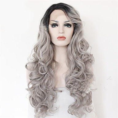 2 Tones Synthetic Lace (Grey/Black) Ombre Wavy Long Curly Wig