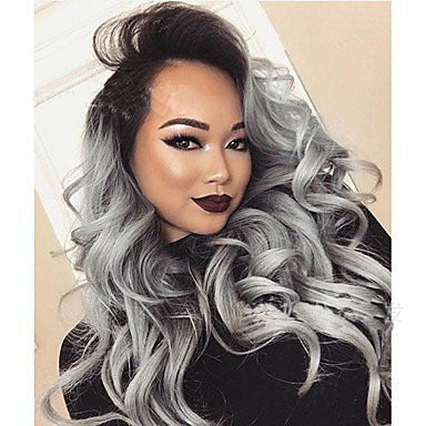 2 Tones Synthetic Lace (Grey/Black) Ombre Wavy Long Curly Wig