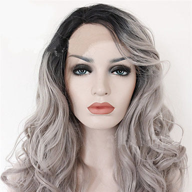 2 Tones Synthetic Lace (Grey/Black) Ombre Wavy Long Curly Wig