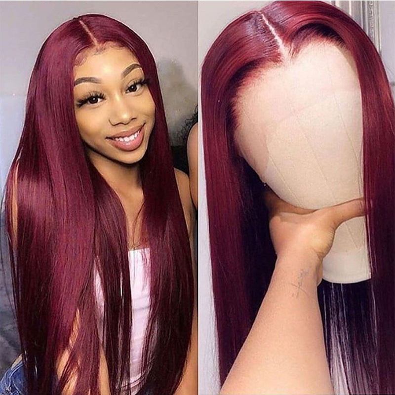 Full Headgear Long Straight Front Lace Wig Smooth Hair (Wine Red)