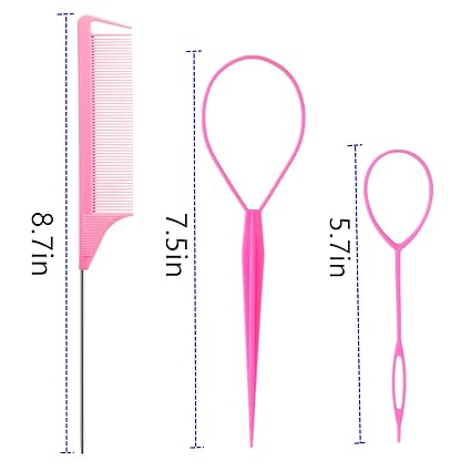 9pcs Hair Styling Tool Set – Topsy Tail, Braiding Rings & Parting Combs (Pink/Purple/Black)