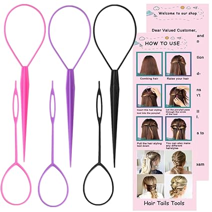 9pcs Hair Styling Tool Set – Topsy Tail, Braiding Rings & Parting Combs (Pink/Purple/Black)