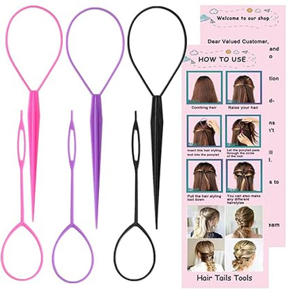 9pcs Hair Styling Tool Set – Topsy Tail, Braiding Rings & Parting Combs (Pink/Purple/Black)
