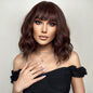Black Mixed Brown Wig for Black Women 14 Inch Short Wavy Hair Wigs Curly Bob Wig with Bangs Wigs Shoulder Length Wigs for Black Women Bob Style Synthetic Heat Resistant Bob Wigs
