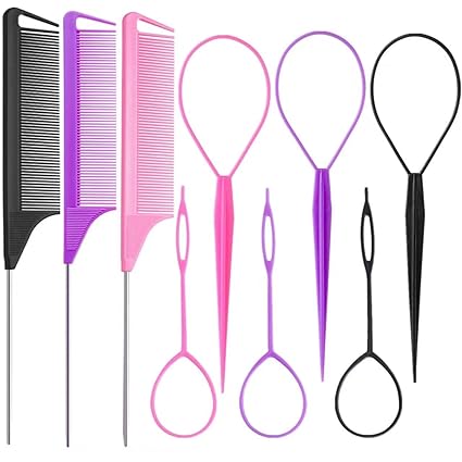 9pcs Hair Styling Tool Set – Topsy Tail, Braiding Rings & Parting Combs (Pink/Purple/Black)