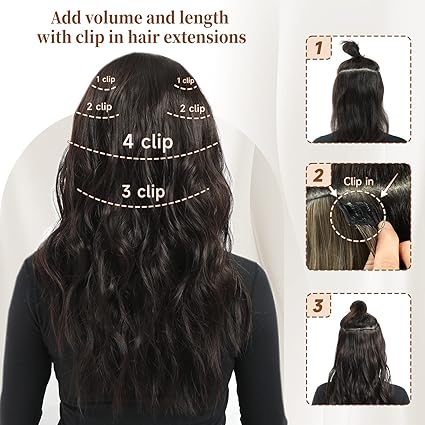 6pcs Clip-In Hair Extensions – 20” Dark Brown Wavy