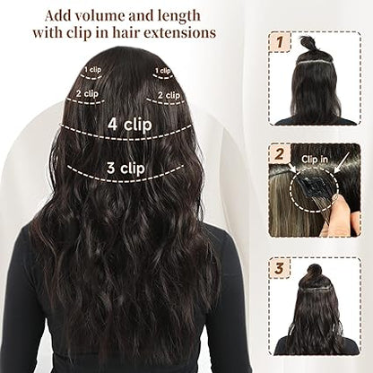 6pcs Clip-In Hair Extensions – 20” Dark Brown Wavy