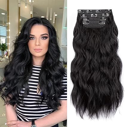 4pcs Black Curly Clip-In Hair Extensions – 20” Synthetic