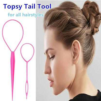 9pcs Hair Styling Tool Set – Topsy Tail, Braiding Rings & Parting Combs (Pink/Purple/Black)