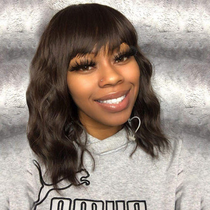 Black Mixed Brown Wig for Black Women 14 Inch Short Wavy Hair Wigs Curly Bob Wig with Bangs Wigs Shoulder Length Wigs for Black Women Bob Style Synthetic Heat Resistant Bob Wigs