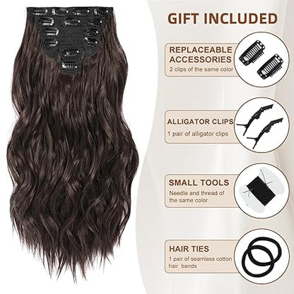 6pcs Clip-In Hair Extensions – 20” Dark Brown Wavy