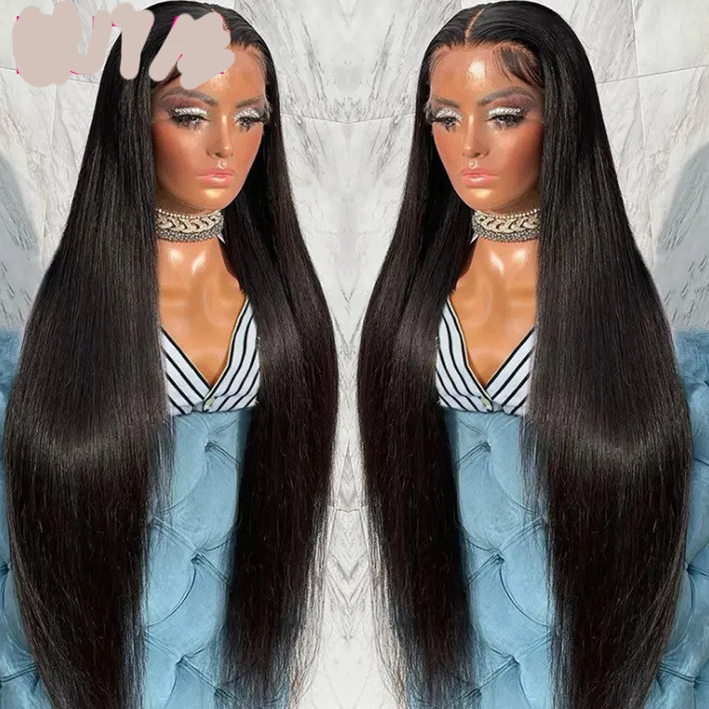 Real Human Hair Lace Wig Set Straight Hair Black Medium Length