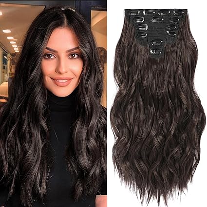 6pcs Clip-In Hair Extensions – 20” Dark Brown Wavy