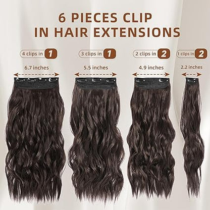 6pcs Clip-In Hair Extensions – 20” Dark Brown Wavy