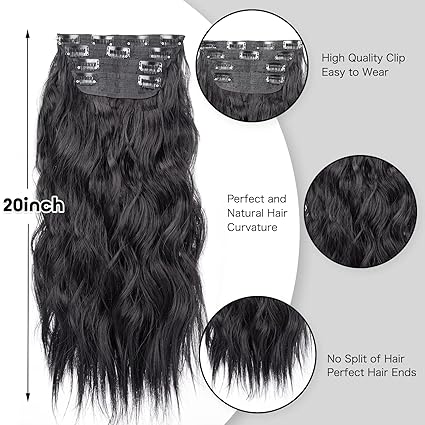 4pcs Black Curly Clip-In Hair Extensions – 20” Synthetic