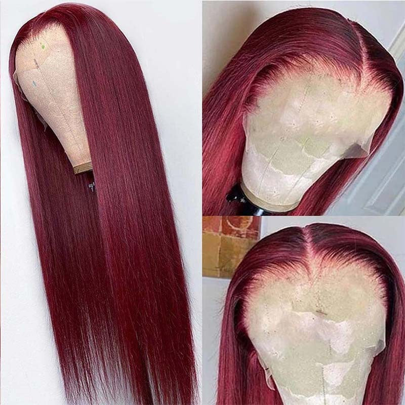 Full Headgear Long Straight Front Lace Wig Smooth Hair (Wine Red)