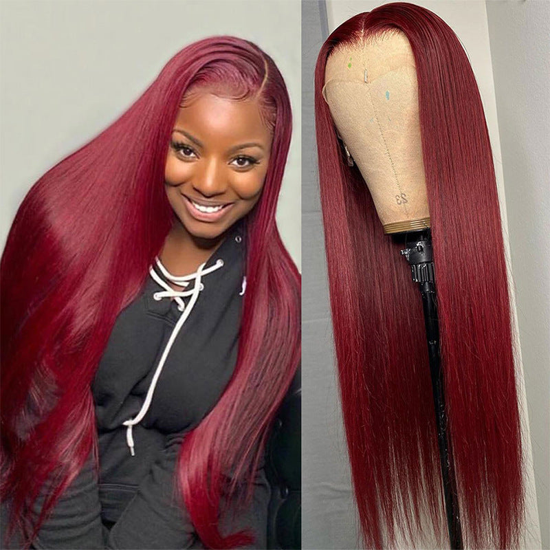 Full Headgear Long Straight Front Lace Wig Smooth Hair (Wine Red)