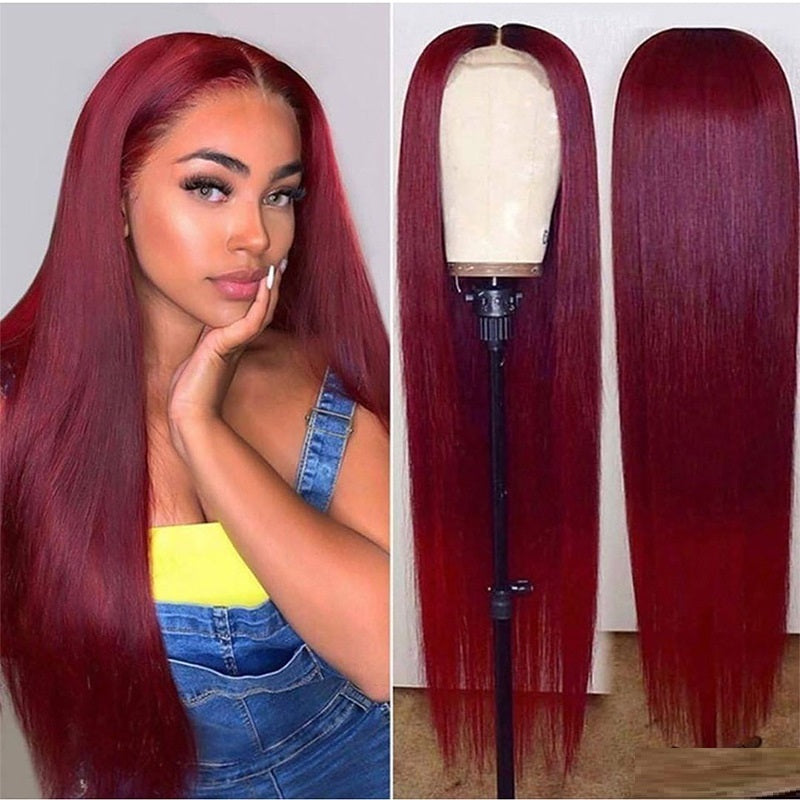 Full Headgear Long Straight Front Lace Wig Smooth Hair (Wine Red)